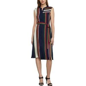 BCBGMAXAZRIA Sleeveless Striped Midi Knee Length Shirtdress Belt Navy Blue XXS